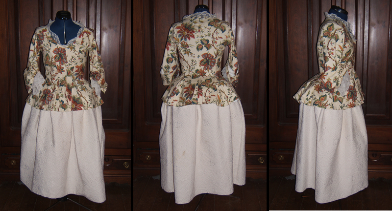 1740's Ladies Printed Jacket - Front, Side, and Back.